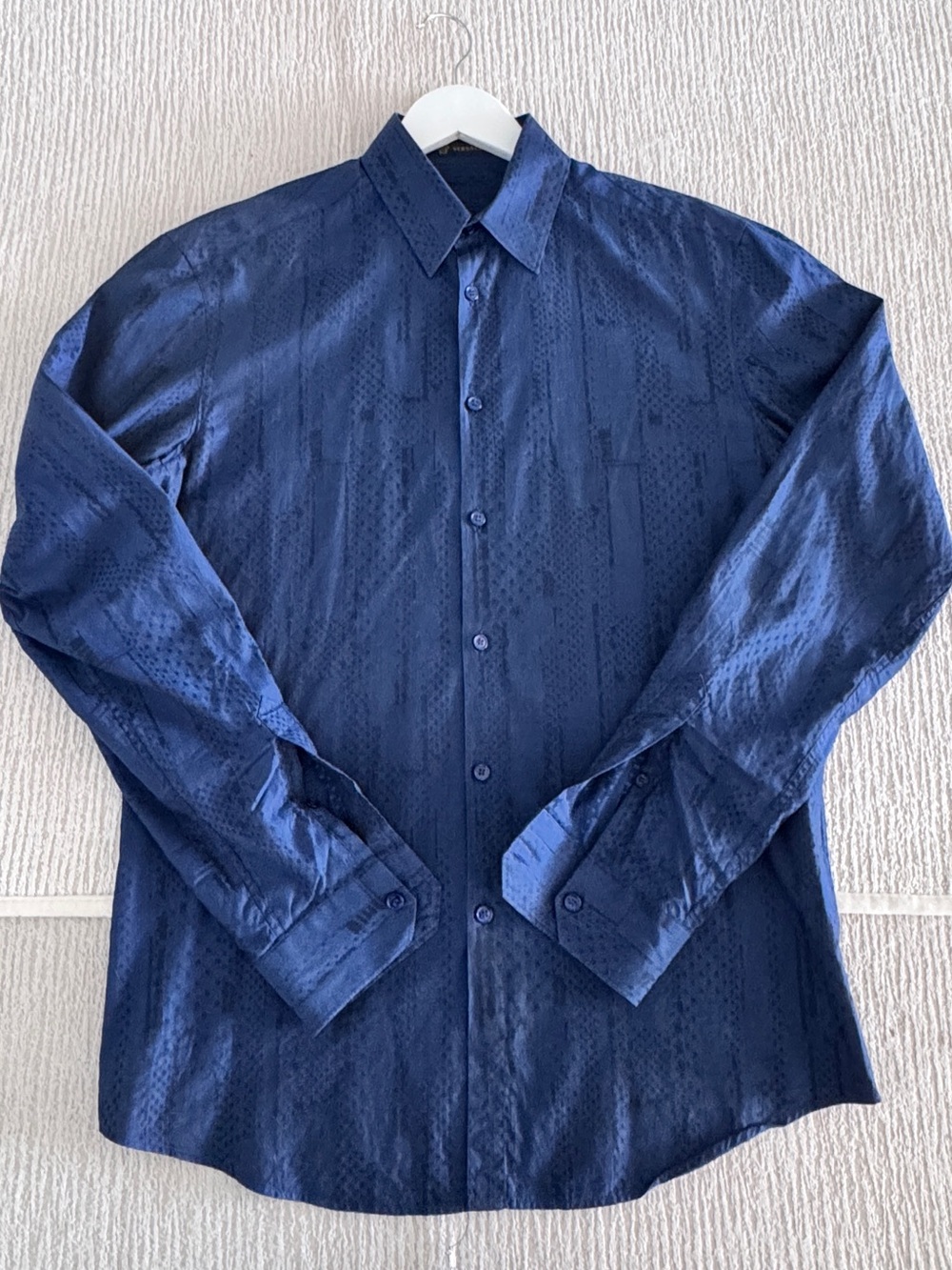 Versace Men's Dark Navy Patterned Long-Sleeve Dress Shirt - Picture 12 of 13